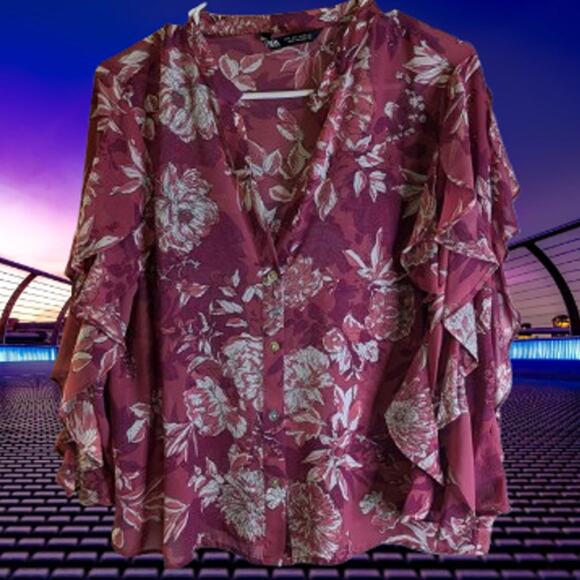 Zara Large long ruffled pink floral button down polyester lightweight womans top - Picture 1 of 1